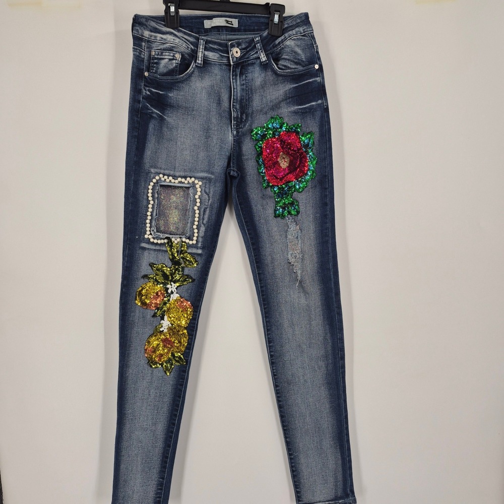 Blue Topic Denim Sequin Floral Pearl Embellished Skinny Jeans Medium Wash 11/12